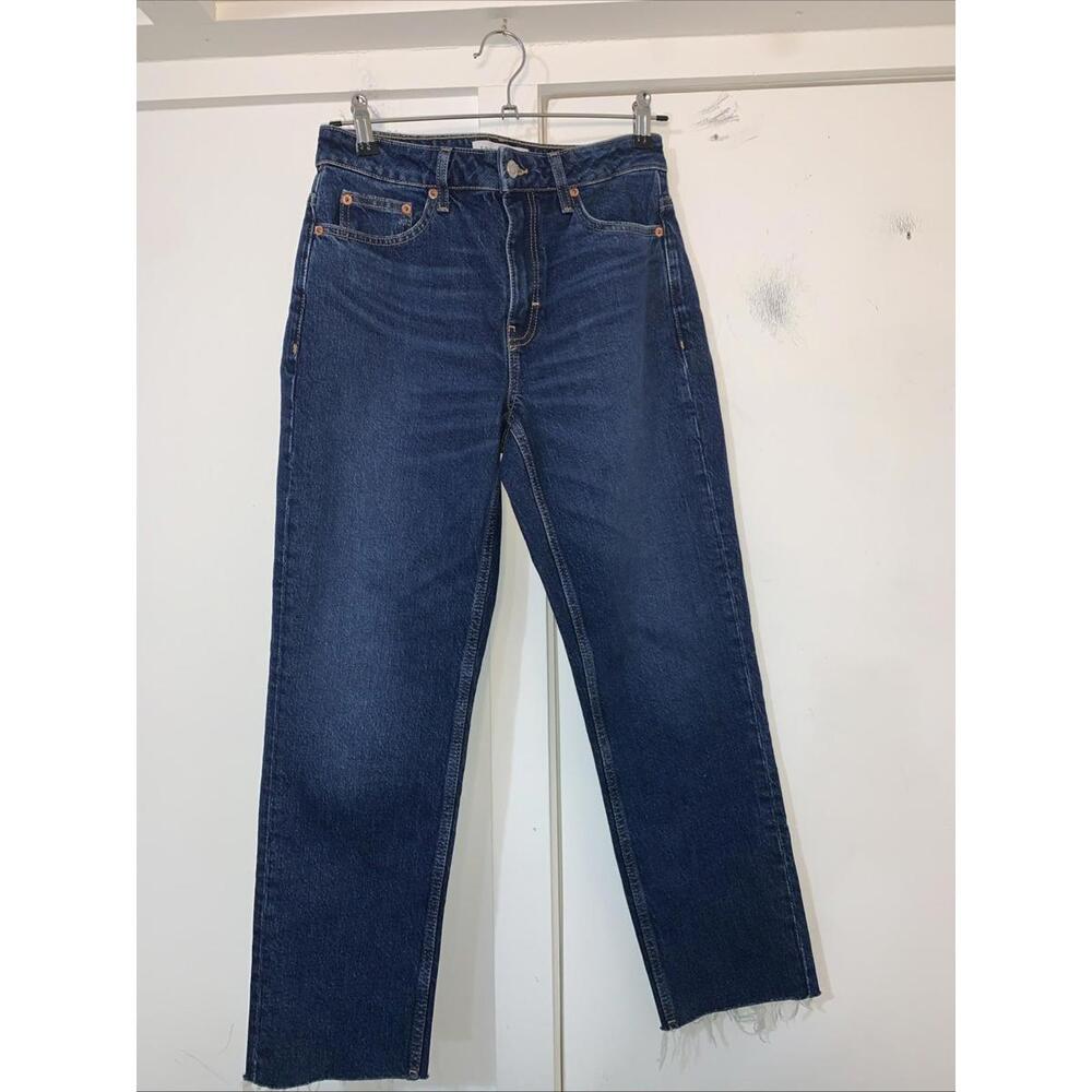 Topshop Women 28 x 27 Blue Dark Wash Denim Raw Hem Straight Leg Jeans New NWOT